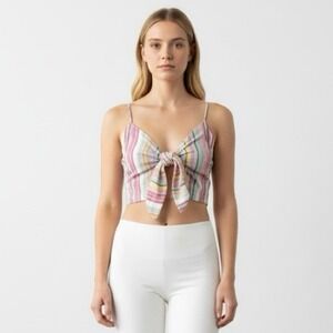 NWT AQUA Multi Stripe Tie Front Smocked Crop Top Spaghetti Straps